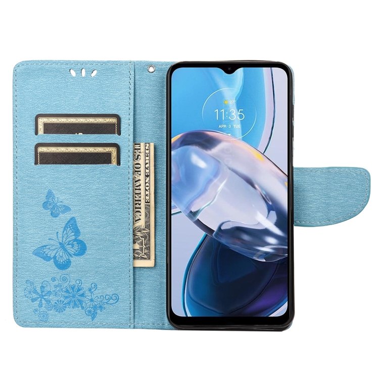 SKLO + PUZDRO 2v1 pre Motorola Moto E22 / E22i - Knižkové BUTTERFLY modré