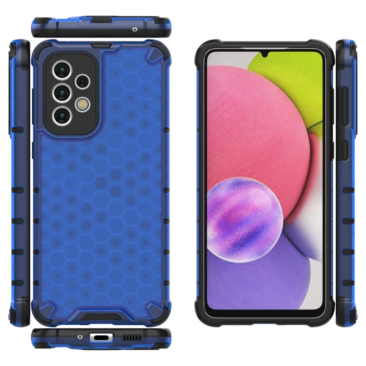 SKLO + PUZDRO 2v1 pre Samsung Galaxy A33 5G - Tvrdené HONEYCOMB modré