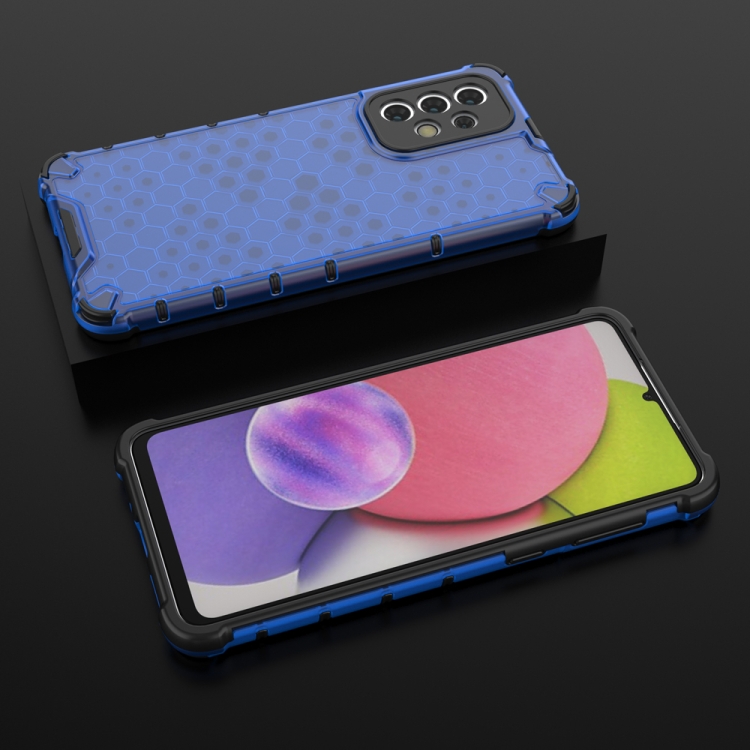 SKLO + PUZDRO 2v1 pre Samsung Galaxy A33 5G - Tvrdené HONEYCOMB modré