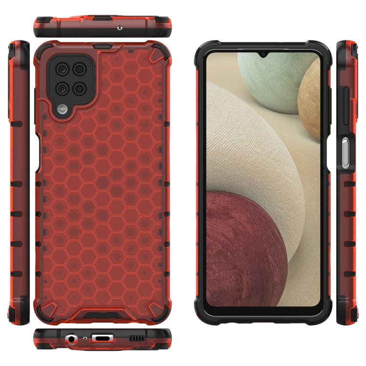 SKLO + PUZDRO 2v1 pre Samsung Galaxy A12 - Tvrdené HONEYCOMB červené