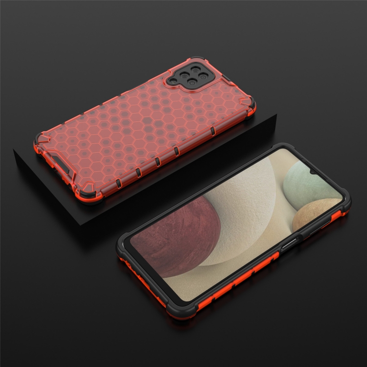 SKLO + PUZDRO 2v1 pre Samsung Galaxy A12 - Tvrdené HONEYCOMB červené