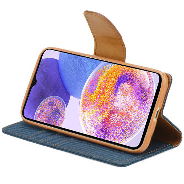 SKLO + PUZDRO 2v1 pre Samsung Galaxy A23 / A23 5G - Knižkové CANVAS modro hnedé