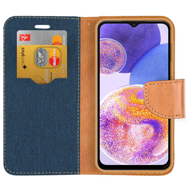 SKLO + PUZDRO 2v1 pre Samsung Galaxy A23 / A23 5G - Knižkové CANVAS modro hnedé