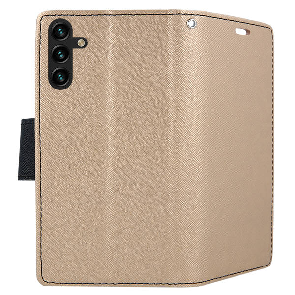 SKLO + PUZDRO 2v1 pre Samsung Galaxy A13 5G / A04s - Knižkové FANCY zlato čierne
