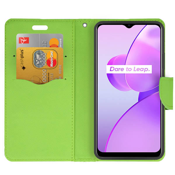 9D SKLO + PUZDRO 2v1 pre Realme C31 - Knižkové Smart FANCY modro zelené