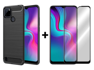 9D SKLO + PUZDRO 2v1 pre Realme C21Y / C25Y - Silikónové CARBON čierne