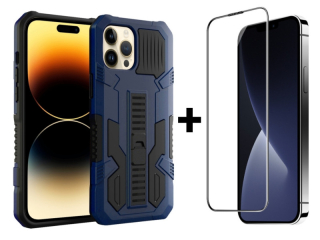 SKLO + PUZDRO 2v1 pre iPhone 15 Pro - Tvrdené WARRIOR modré