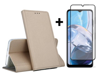 9D SKLO + PUZDRO 2v1 pre Motorola Moto E22 / E22i -  Knižkové MAGNET zlaté