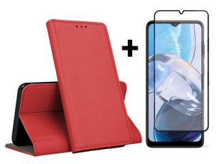 9D SKLO + PUZDRO 2v1 pre Motorola Moto E22 / E22i -  Knižkové MAGNET červené