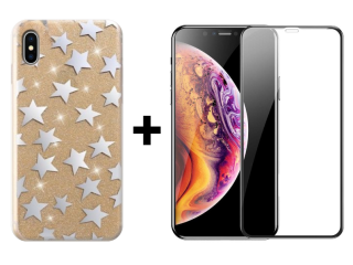 9D SKLO + KRYT 2v1 pre Apple iPhone X , XS -  GLITTER Stars zlatý