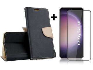 SKLO + PUZDRO 2v1 pre Samsung Galaxy S23 FE - Knižkové SMART FANCY čierno zlaté