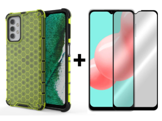 SKLO + PUZDRO 2v1 pre Samsung Galaxy A32 5G - Tvrdené HONEYCOMB zelené