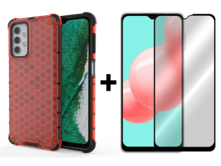 SKLO + PUZDRO 2v1 pre Samsung Galaxy A32 5G - Tvrdené HONEYCOMB červené
