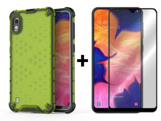 SKLO + PUZDRO 2v1 pre Samsung Galaxy A10 - Tvrdené HONEYCOMB zelené