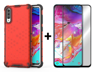 SKLO + PUZDRO 2v1 pre Samsung Galaxy A70 - Tvrdené HONEYCOMB červené