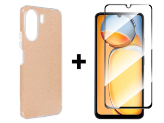 SKLO + PUZDRO 2v1 pre Xiaomi Redmi 13C - Silikónové GLITTER zlaté