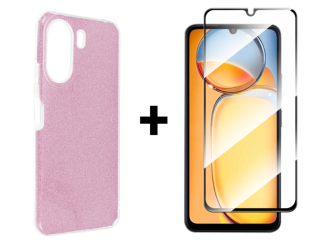 SKLO + PUZDRO 2v1 pre Xiaomi Redmi 13C - Silikónové GLITTER ružové