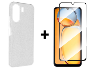 SKLO + PUZDRO 2v1 pre Xiaomi Redmi 13C - Silikónové GLITTER strieborné