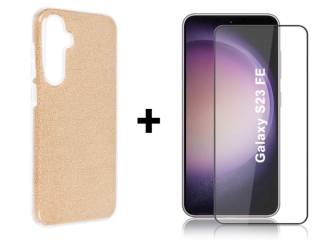 SKLO + PUZDRO 2v1 pre Samsung Galaxy S23 FE - Silikónové GLITTER zlaté