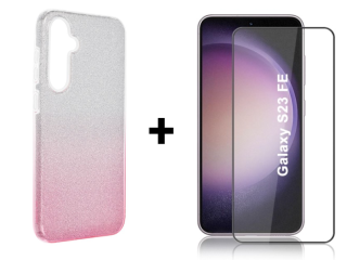SKLO + PUZDRO 2v1 pre Samsung Galaxy S23 FE - Silikónové GLITTER ružovo strieborné