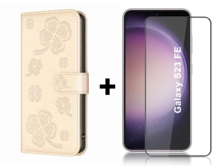 SKLO + PUZDRO 2v1 pre Samsung Galaxy S23 FE - Knižkové puzdro LEAF zlaté