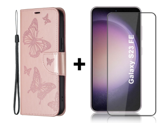 SKLO + PUZDRO 2v1 pre Samsung Galaxy S23 FE - Knižkové puzdro BUTTERFLY rose gold