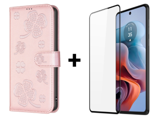 SKLO + PUZDRO 2v1 pre Motorola Moto G34 5G - Knižkové puzdro LEAF ružové