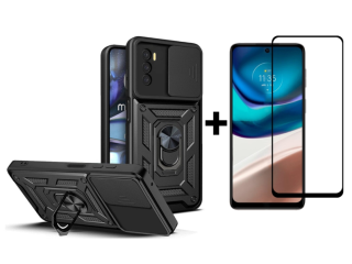 SKLO + KRYT 2v1 pre Motorola Moto G42 - Tvrdený Zadný kryt RING ARMOR čierny