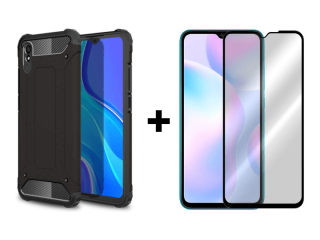 9D SKLO + PÚZDRO 2v1 pre Xiaomi Redmi 9A armor čierne