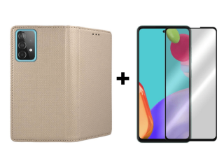 9D SKLO + PÚZDRO 2v1 pre Samsung Galaxy A52 / A52 5G / A52s Knižkové zlaté