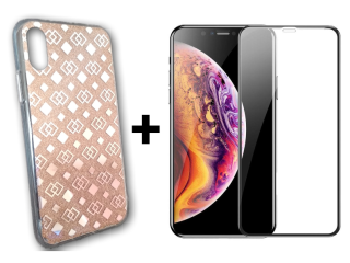 9D SKLO + KRYT 2v1 pre Apple iPhone X , XS -  GLITTER GEOMETRIC zlatý