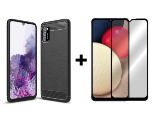 9D SKLO + PÚZDRO 2v1 pre SAMSUNG GALAXY A03s - carbon čierne