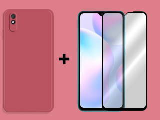 9D SKLO + PÚZDRO 2v1 pre Xiaomi Redmi 9A - Silikonové červené