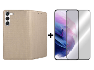 9D SKLO + PÚZDRO 2v1 pre Samsung Galaxy S22 - Knižkové Smart Magnet zlaté