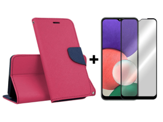 9D SKLO + PUZDRO 2v1 pre Samsung Galaxy A22 5G - Knižkové Fancy ružovo modré