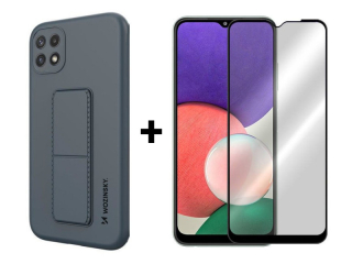 9D SKLO + PUZDRO 2v1 pre Samsung Galaxy A22 5G - Tvrdené KickStand modré